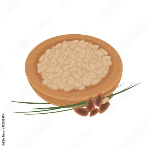 Vector illustration logo Clip art pine nuts on a wooden bowl