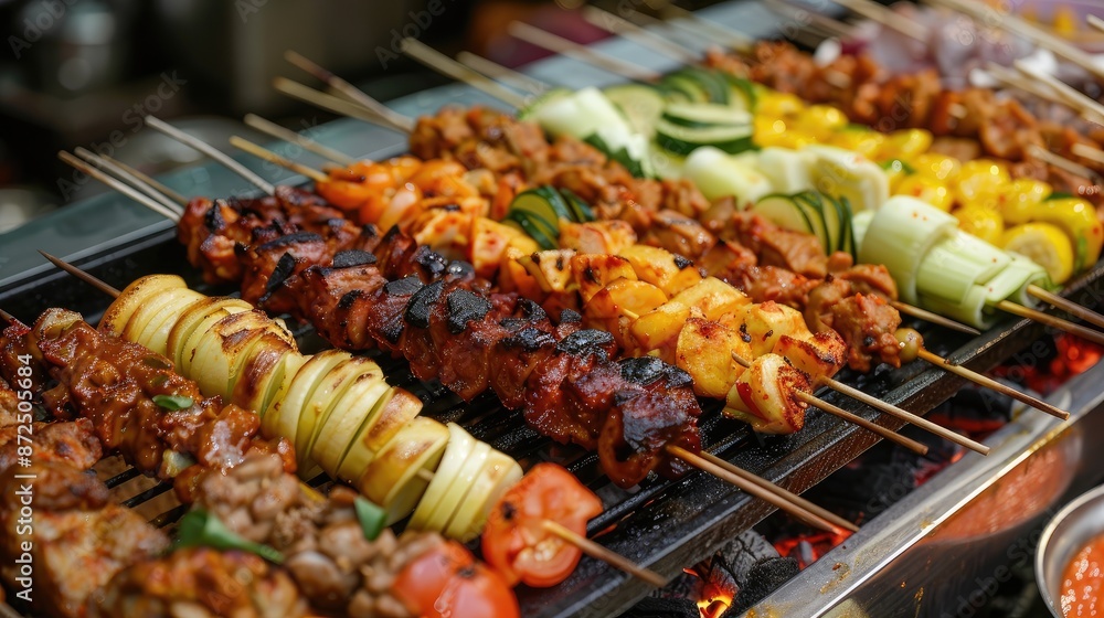 A variety of food is being cooked on skewers, with some of the food being served in bowls. The atmosphere is lively and bustling, with people working in the kitchen and customers waiting to be served A variety of food is being cooked on skewers, with some of the food being served in bowls. The atmosphere is lively and bustling, with people working in the kitchen and customers waiting to be served