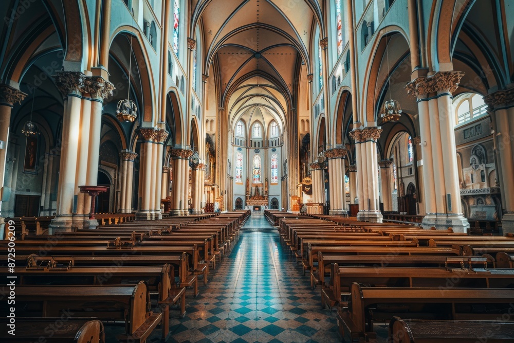 Fototapeta premium Interior View of a Cathedral with Rows of Pews