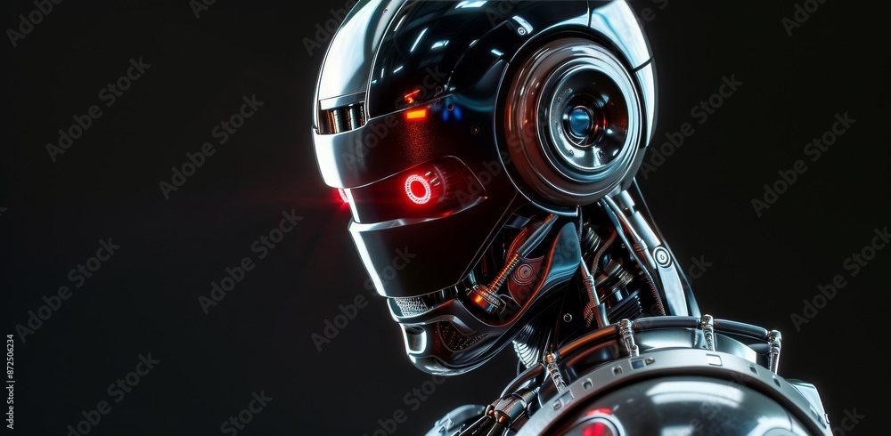 Fototapeta premium Close Up of a Cyborgs Face With Glowing Red Eyes and a Mechanical Head