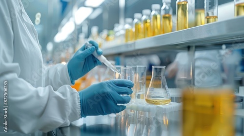 Quality control inspectors testing drug samples in a lab. 