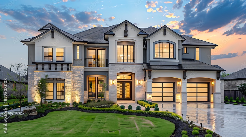 Beautiful 2-storey luxury home with large windows. Gray and white tones And there is a lawn in front of the house. On one side is an ornate garage door. Big house, quiet atmosphere. Beautiful 2-storey luxury home with large windows. Gray and white tones And there is a lawn in front of the house. On one side is an ornate garage door. Big house, quiet atmosphere.