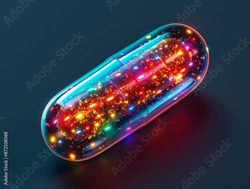 A smart pill with sensors and digital interface, holographically showing advancements in medicine, digital painting, vibrant colors, in a hightech pharmacy