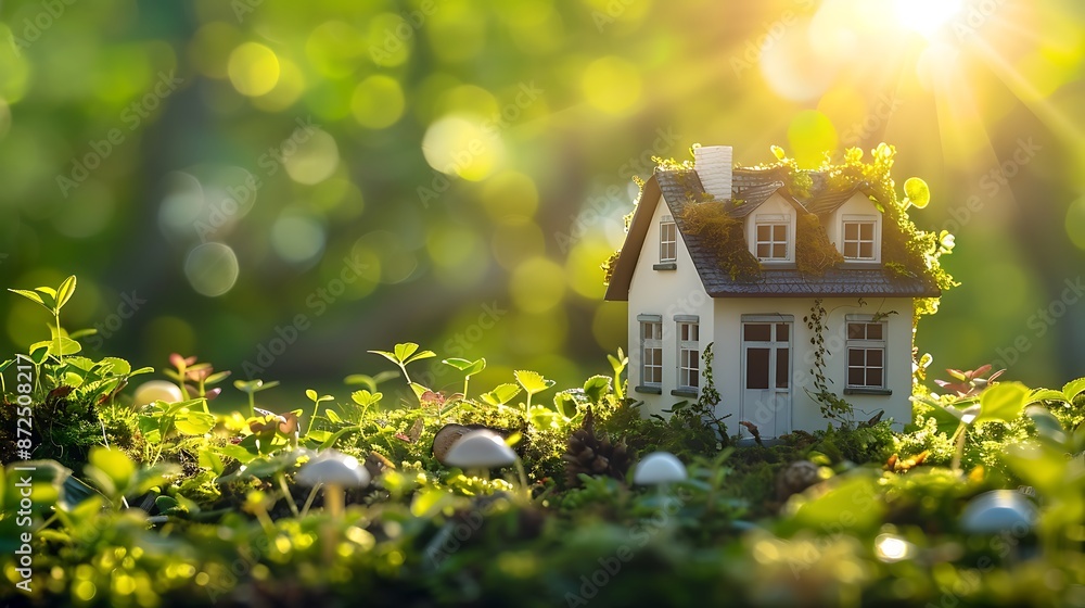 White model house in the green forest with sun rays, banner for real estate and home abandoned on nature background. Green environment with grass, plants and flowers. Design of eco friendly living White model house in the green forest with sun rays, banner for real estate and home abandoned on nature background. Green environment with grass, plants and flowers. Design of eco friendly living