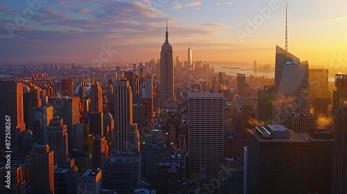 A panoramic view of the city skyline at sunset, showcasing towering skyscrapers and diverse architecture in New York City's midtown Manhattan district. The photo captures the bustling energy with an