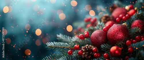 Festive Christmas Ornaments and Pine Branches with Glowing Bokeh Lights - Magical Holiday Decor Close-up on Teal Background for Seasonal Greetings