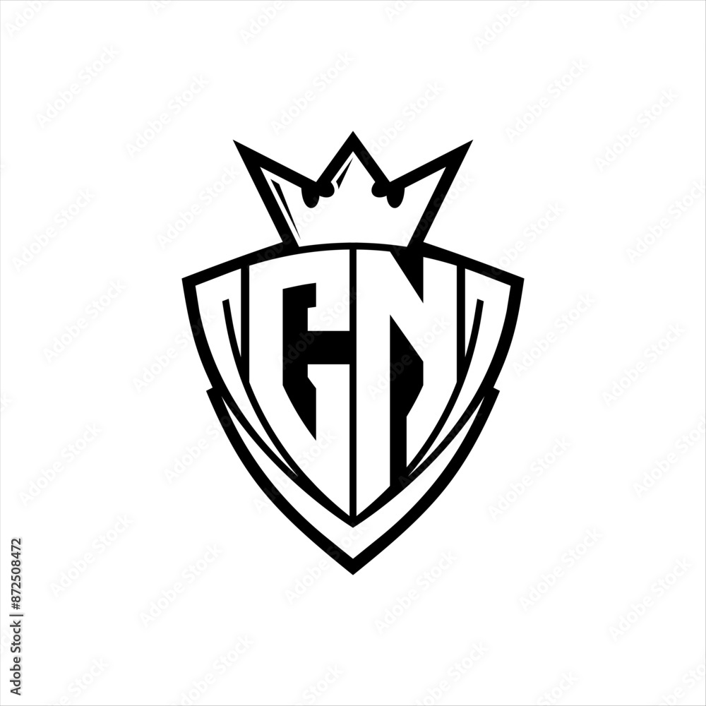 CN Letter logo with sharp triangle shield shape with crown inside white outline on white background template design CN Letter logo with sharp triangle shield shape with crown inside white outline on white background template design