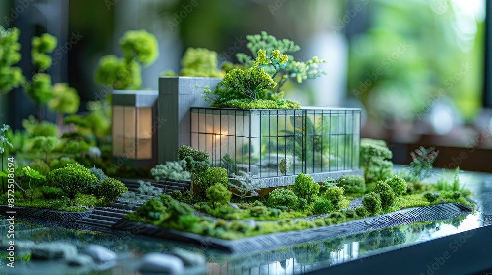 Close-up on an architectural paper model of a green house with eco-landscaping. Close-up on an architectural paper model of a green house with eco-landscaping.
