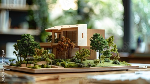 Close-up of eco-friendly house model and green park in an architect's workspace, office blurred. © BMMP Studio