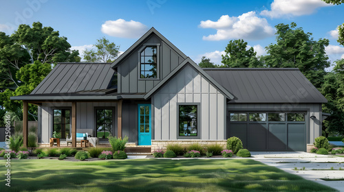 Modern new construction cottage in gray with hardy board siding and a bold teal door, ensuring standout curb appeal © Pik_Lover