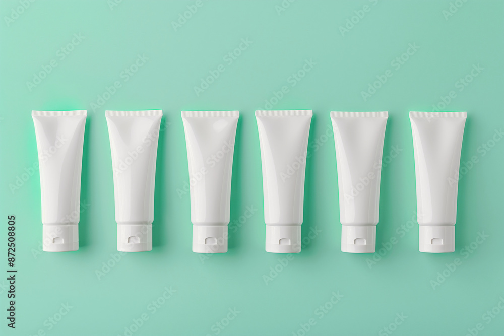 Row of white tubes of makeup. The tubes are lined up next to each other on a green background Row of white tubes of makeup. The tubes are lined up next to each other on a green background