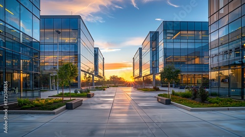 Photo of an office building with a glass façade. Reflects the surrounding environment and creates reflections on the surface. The exterior is surrounded by modern architecture.