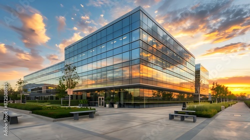 A photo of an office building with glass facades, reflecting the surrounding environment and creating reflections on its surface. The exterior is surrounded by modern architecture and greenery. It is © naphat