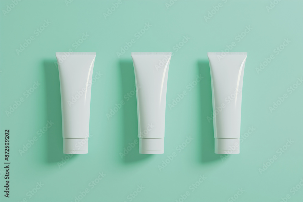 Three white tubes of makeup are lined up on a green background. The tubes are empty and have a smooth, shiny surface. Concept of cleanliness and organization, as the makeup is neatly arranged in a row Three white tubes of makeup are lined up on a green background. The tubes are empty and have a smooth, shiny surface. Concept of cleanliness and organization, as the makeup is neatly arranged in a row