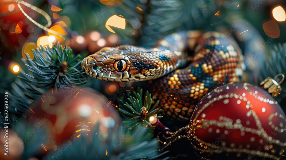 Obraz premium Festive Snake Among Christmas Ornaments and Pine Branches with Warm Lighting