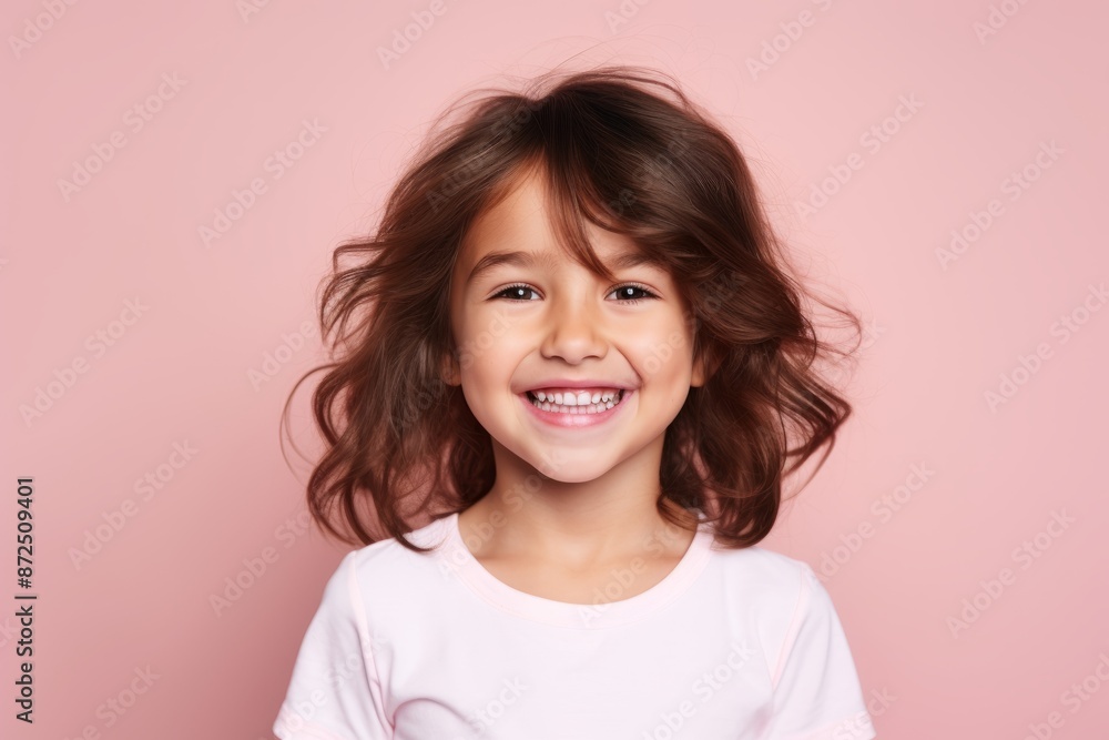 Portrait of a cute little girl with long hair over pink background Portrait of a cute little girl with long hair over pink background