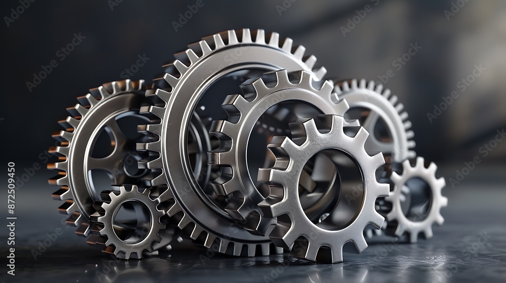 A group of gears and cogs arranged in an intricate design, symbolizing the complexity of machine engineering., focus on materials, gray background, rendered with Octane Render for realistic lighting A group of gears and cogs arranged in an intricate design, symbolizing the complexity of machine engineering., focus on materials, gray background, rendered with Octane Render for realistic lighting