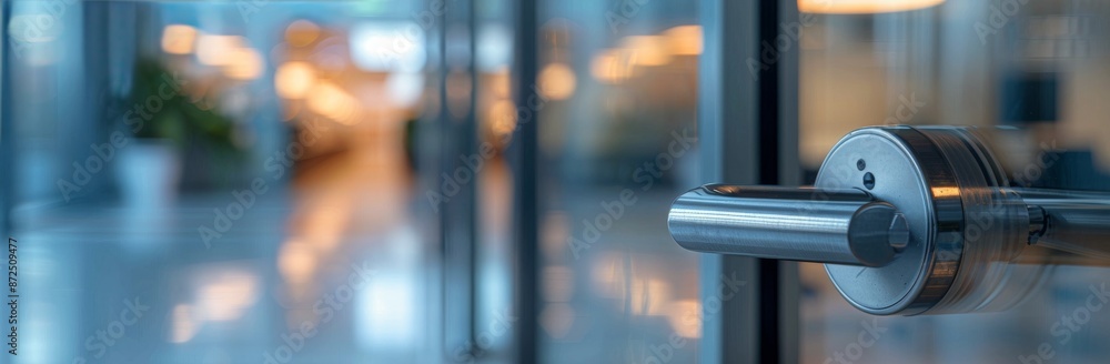 A Close Up of a Silver Door Handle on a Glass Door Leading to a Modern Lobby A Close Up of a Silver Door Handle on a Glass Door Leading to a Modern Lobby