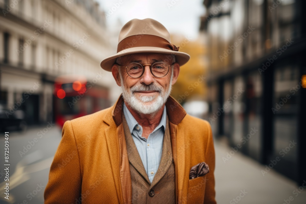 Portrait of a senior man in a hat and coat on a city street. Portrait of a senior man in a hat and coat on a city street.