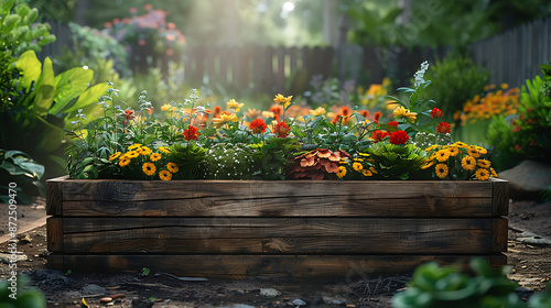 wooden framed raised flower bed garden photo