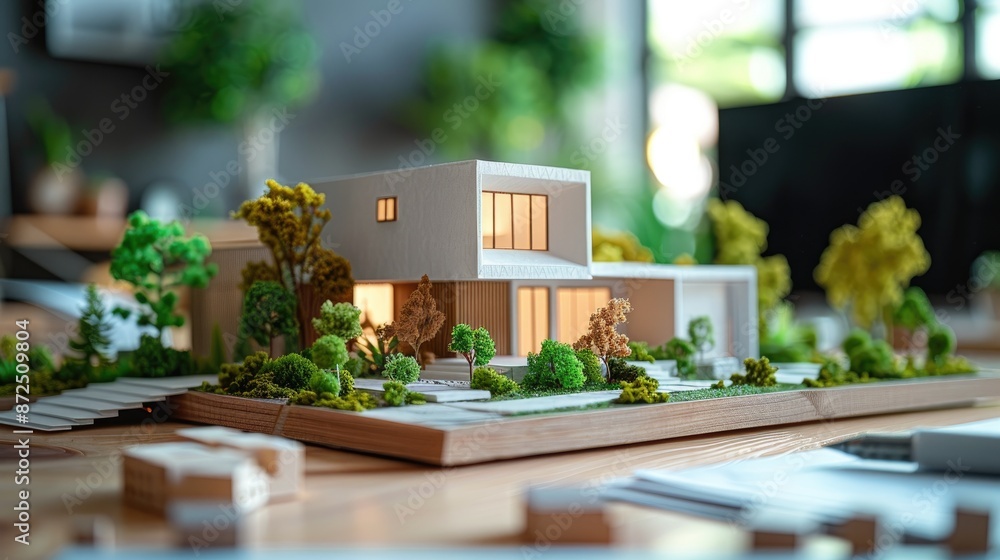 Minimalist house and green park paper models on an architect's table, blurred modern office.