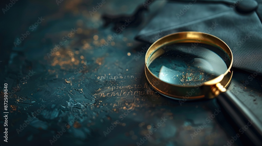 Magnifying Glass and Graduation Cap on Dark Blue Surface with Scattered Gold Specks Magnifying Glass and Graduation Cap on Dark Blue Surface with Scattered Gold Specks