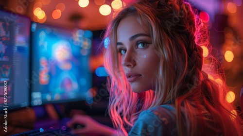 A young woman gaming with vibrant neon lights - Generative AI