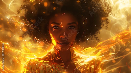 Black woman with afro hair in modern fashion Surrounded by orange flames and energy. Wearing a tight mini dress made of flaming metal. With yellow, white, and red.