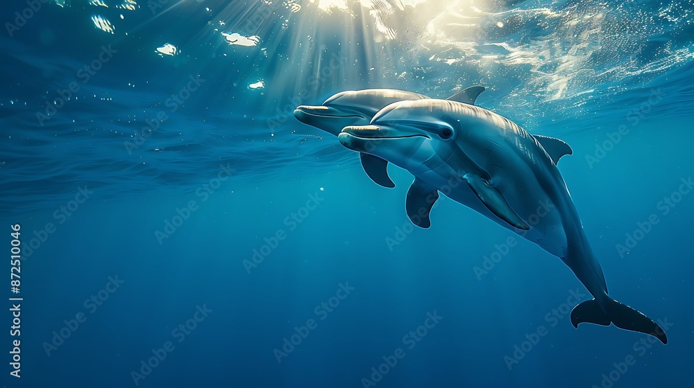 Naklejka premium Two dolphins swim in the clear, dark blue ocean. with sunlight shining through the water Create a peaceful atmosphere.