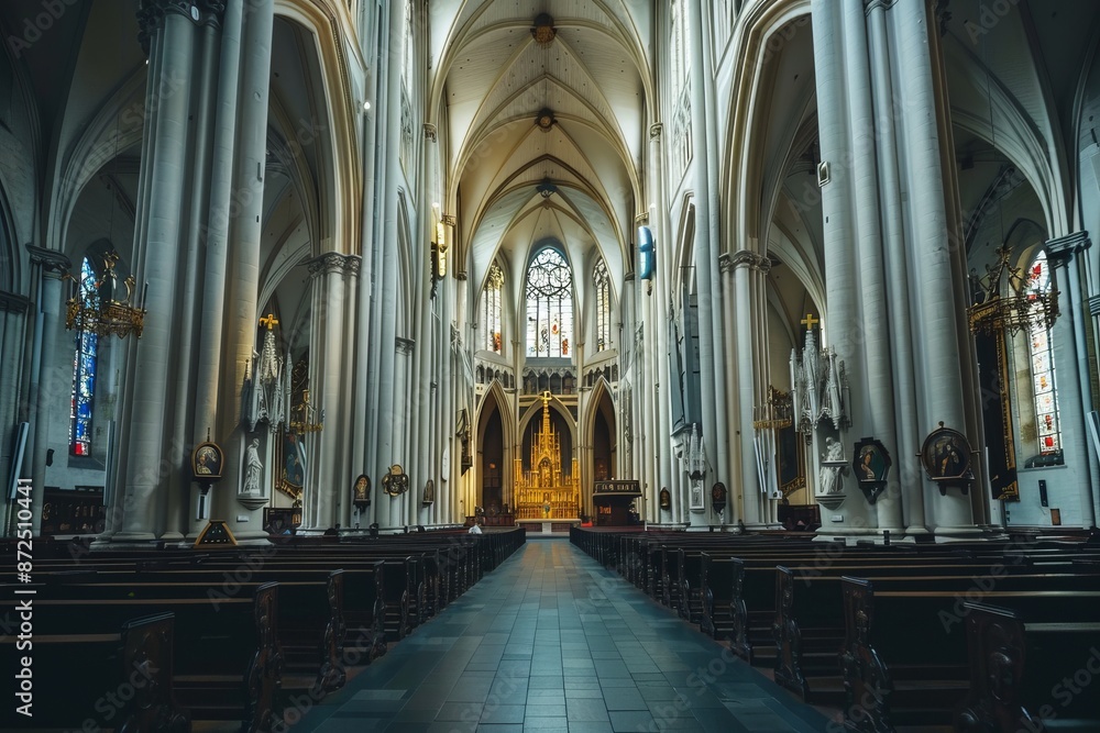 Fototapeta premium Cathedral Interior with Rows of Pews and a Stained Glass Window