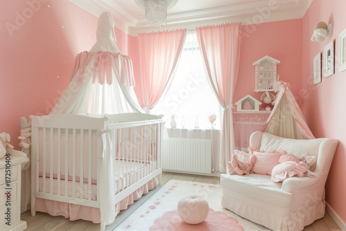 pink nursery with a canopy crib, a rocking chair, and a white bed. The room is decorated in pink and white colors © lashkhidzetim