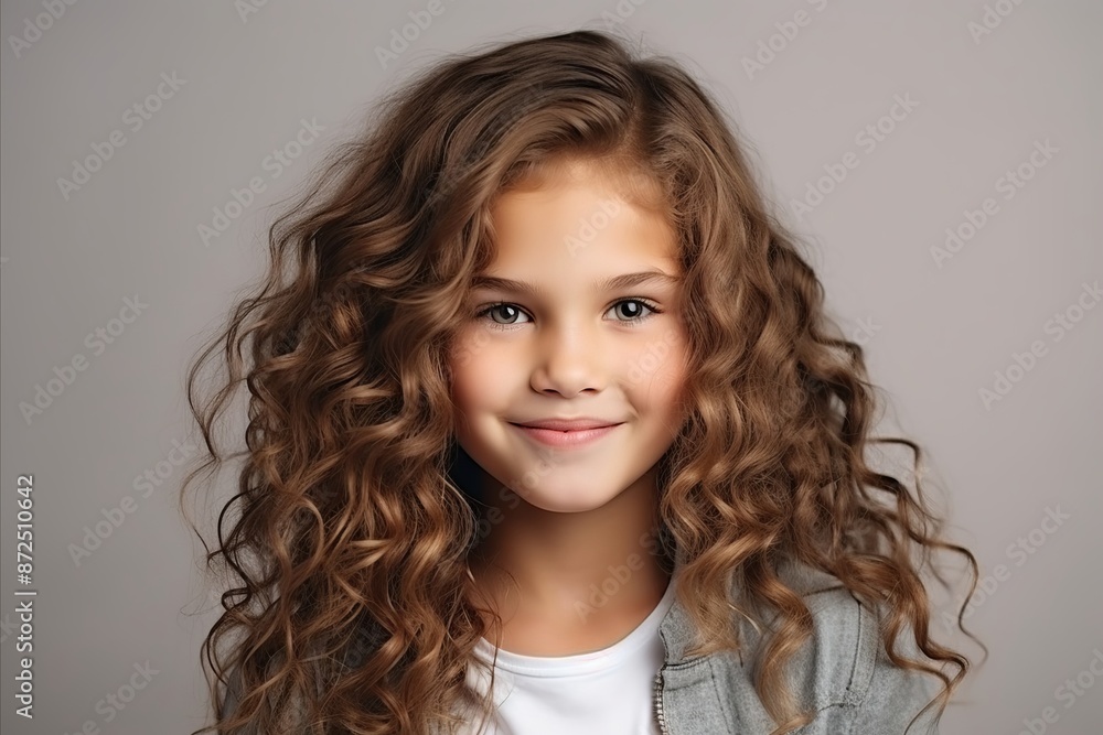 Portrait of a cute little girl with curly hair over grey background Portrait of a cute little girl with curly hair over grey background