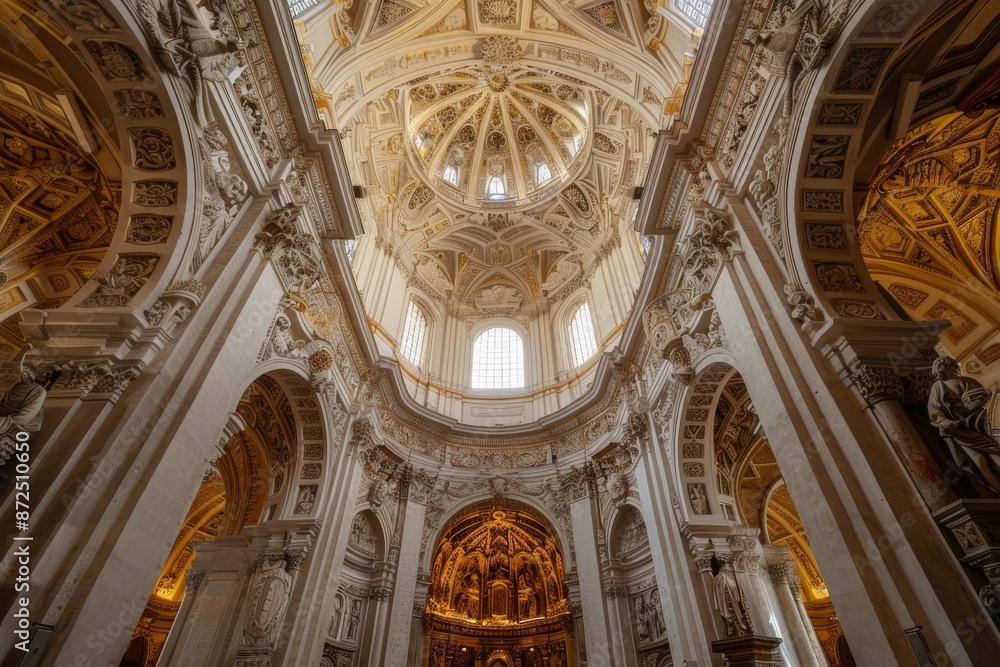 Grandiose Interior of a Cathedral with a Dome and Ornate Details Grandiose Interior of a Cathedral with a Dome and Ornate Details