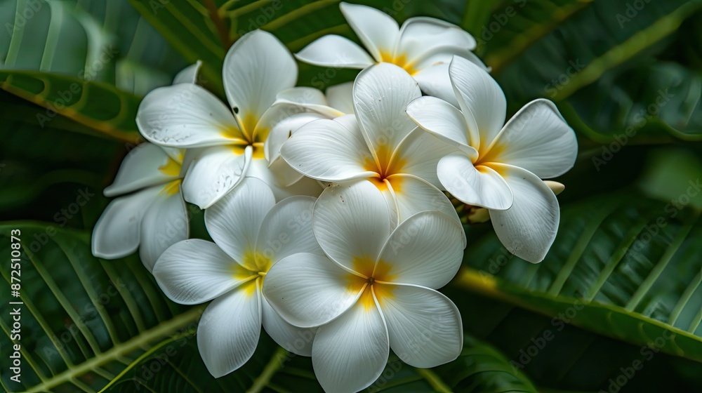 White Plumeria Flowers on Green Leaves White Plumeria Flowers on Green Leaves