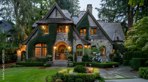Picturesque house exterior, featuring charming details, manicured landscaping, and a welcoming ambiance © Pik_Lover