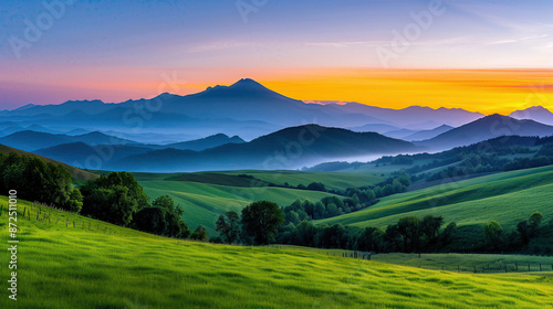 A beautiful mountain range with a bright orange sky in the background