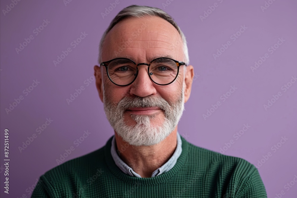 Handsome senior man with grey beard and glasses. Isolated on purple background. Handsome senior man with grey beard and glasses. Isolated on purple background.