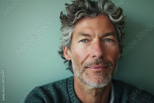 Portrait of a handsome middle-aged man with grey hair and beard