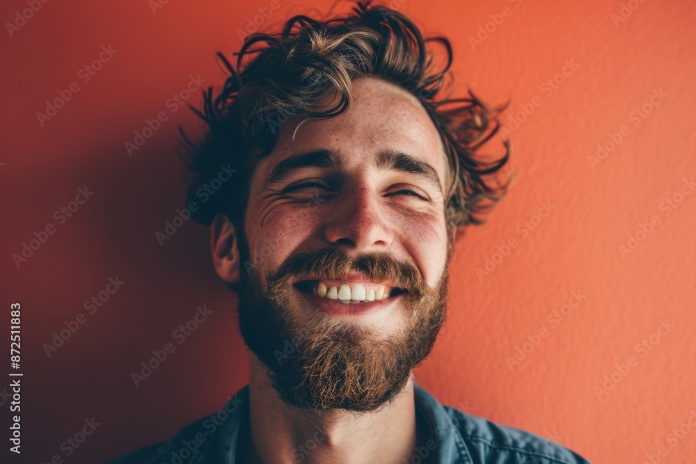 Portrait of a handsome young man with a beard on a red background Portrait of a handsome young man with a beard on a red background