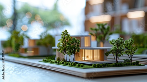 Paper models of minimalist houses and green parks in an architecture office, with blurred background.