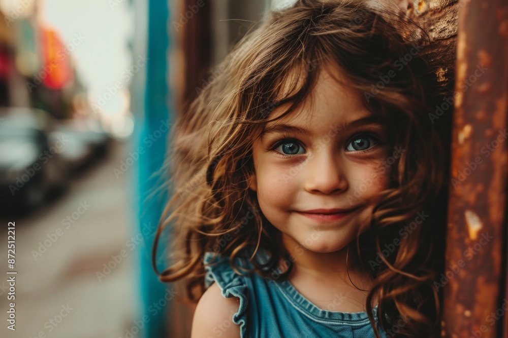 Portrait of a cute little girl with long curly hair in a blue dress. Portrait of a cute little girl with long curly hair in a blue dress.