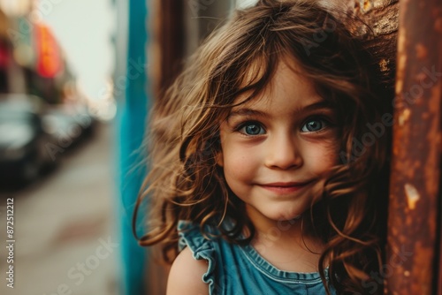 Portrait of a cute little girl with long curly hair in a blue dress.