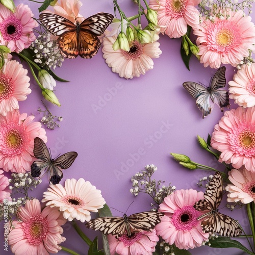 Frame of pink flowers and butterflies with background ,and texs space photo