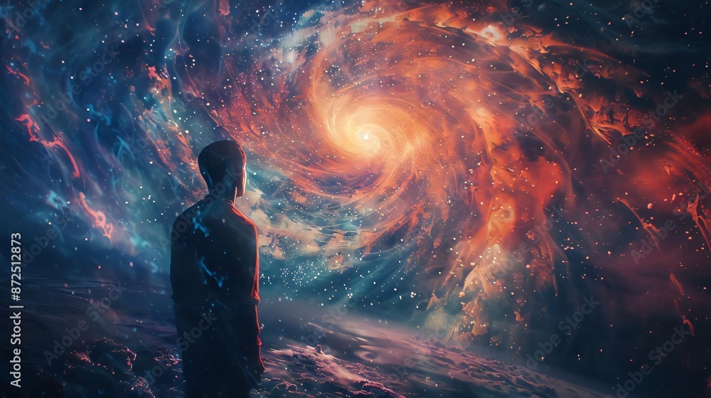 Silhouette of a person gazing at a vibrant, swirling galaxy in space ...
