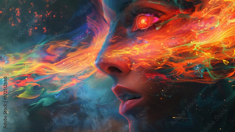Obraz premium A surreal digital art depicting a close-up face merging with vibrant flames and nebulous swirls, evoking emotions and fantasy.