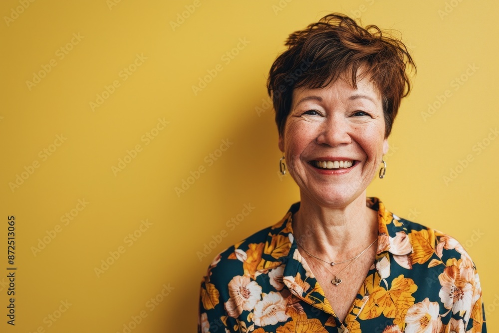 Portrait of a smiling senior woman on yellow background. Copy space. Portrait of a smiling senior woman on yellow background. Copy space.