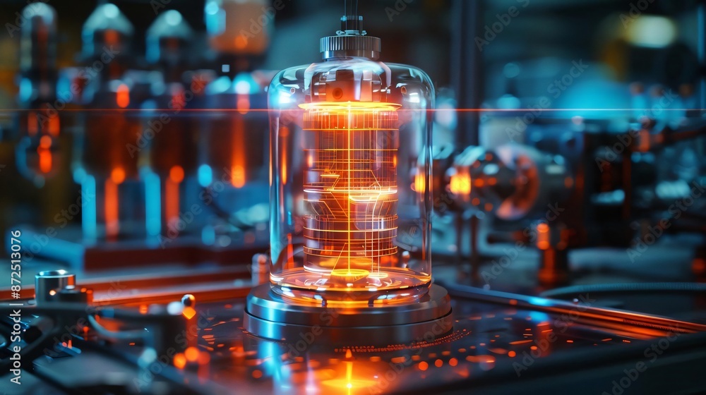 A close-up of a glowing futuristic piece of technology in a laboratory setting, showcasing intricate electronic components and machinery. A close-up of a glowing futuristic piece of technology in a laboratory setting, showcasing intricate electronic components and machinery.