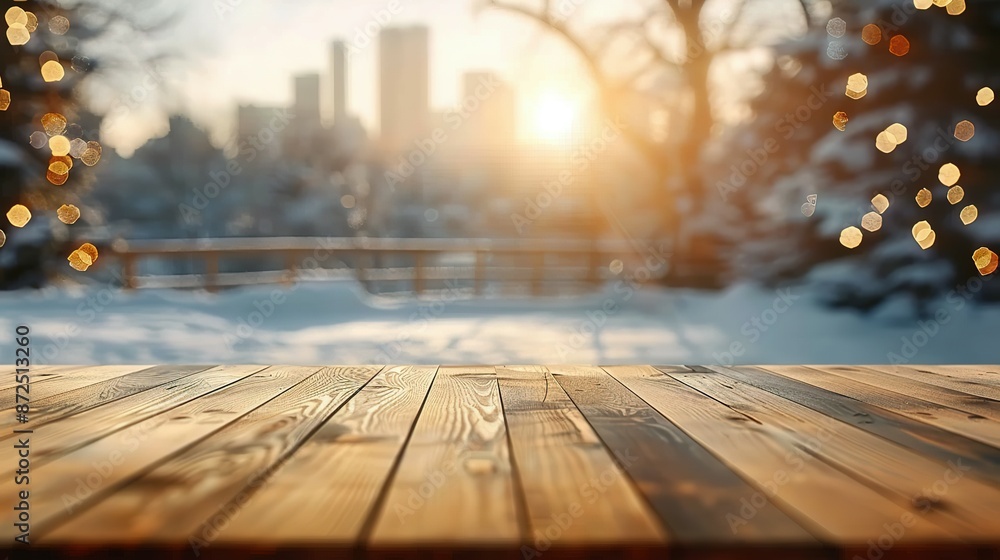 Wooden Plank Tabletop with Wintery Background Wooden Plank Tabletop with Wintery Background