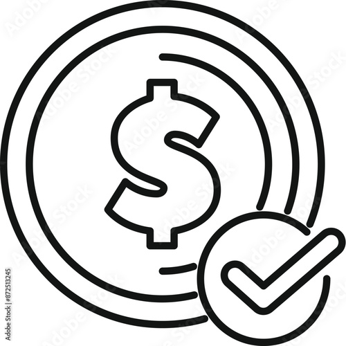 Simple line art illustration of a coin with a dollar sign and a check mark, representing a successful transaction