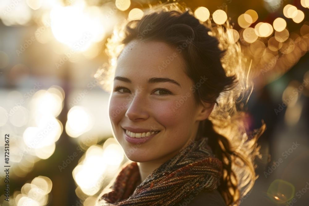 Fototapeta premium Portrait of a beautiful young woman in the city at sunset.